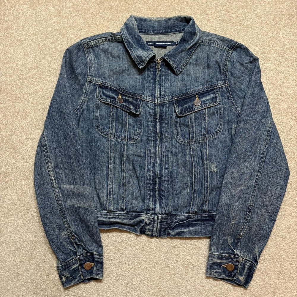 Vtg Ralph Lauren Sport Denim Jacket‎ Womens Medium Blue Full Zip Trucker Western